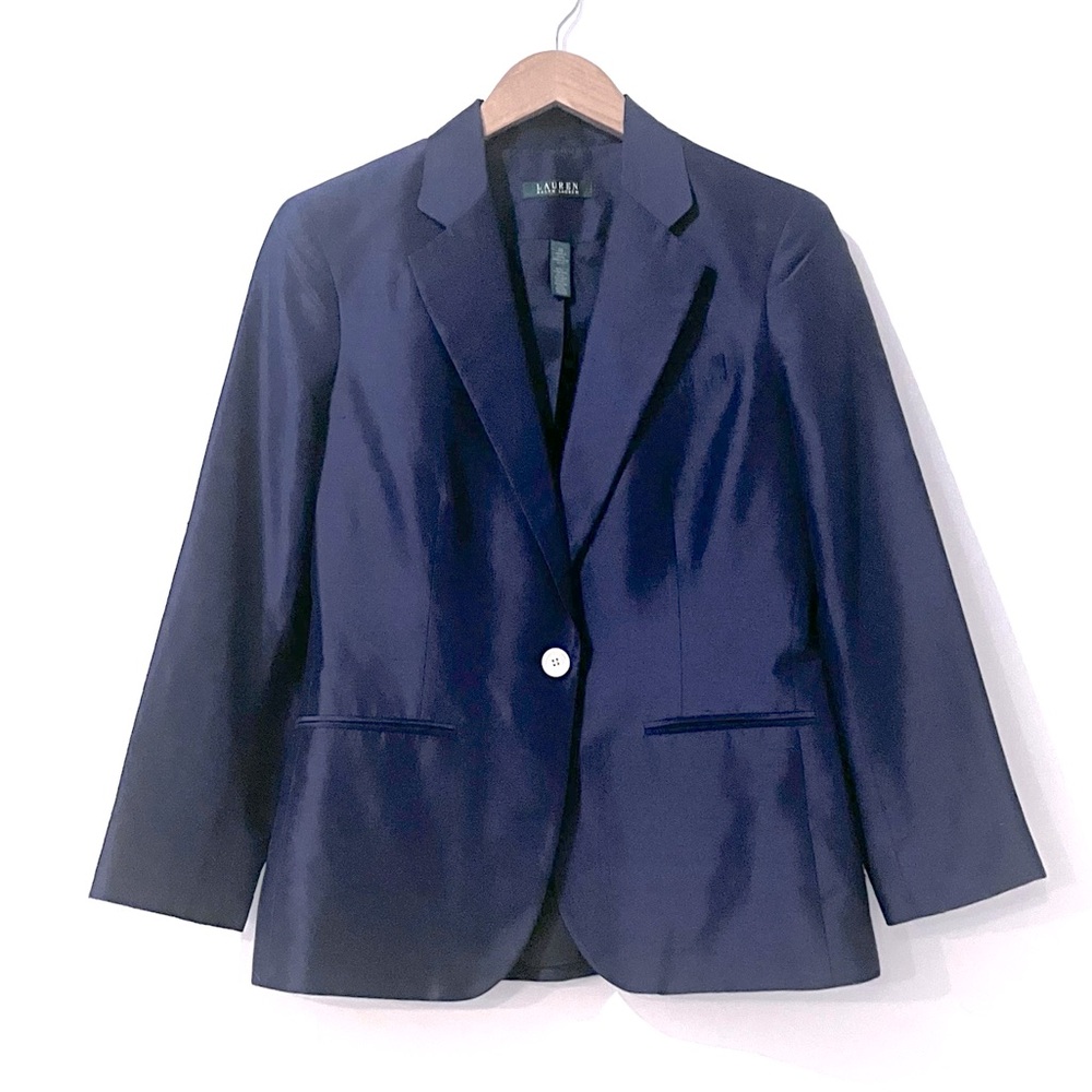 Lauren Ralph Lauren Blue Silk Single Button Blazer Size 10 - Picture 2 of 5